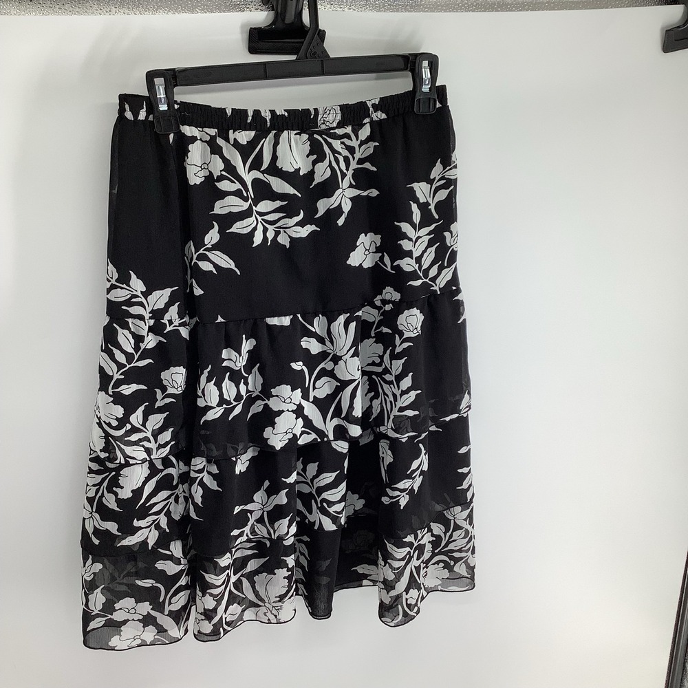 Black White‎ Floral Tiered Midi Skirt Boho Flowy Kim Roger's